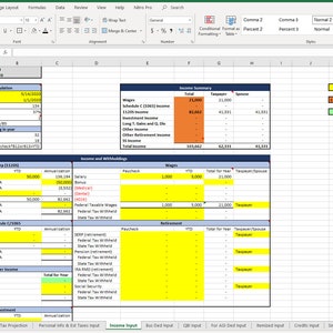 May include: A spreadsheet with a yellow, orange, and green color scheme. The spreadsheet is titled "Income and Withholdings" and includes columns for "Paycheck", "YTD", "Total for Year", "Taxpayer", and "Spouse".