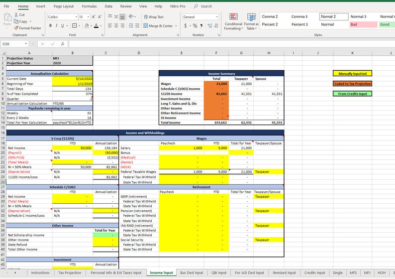 May include: A spreadsheet with a yellow, orange, and green color scheme. The spreadsheet is titled "Income and Withholdings" and includes columns for "Paycheck", "YTD", "Total for Year", "Taxpayer", and "Spouse".