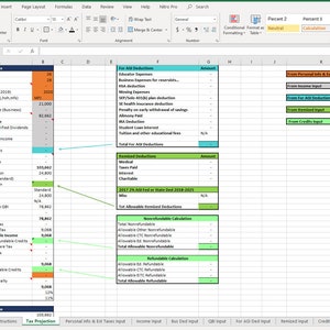May include: A spreadsheet with a tax projection for a married couple filing jointly. The spreadsheet includes income, deductions, and credits. The total tax liability is $9,068. The effective tax rate is 11%.