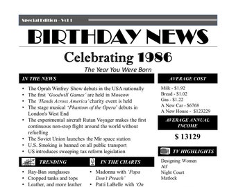 1986 Year You Were Born Printable Birthday Poster | 1986 birthday news gift | printable birthday news 1986 | Birthday Poster