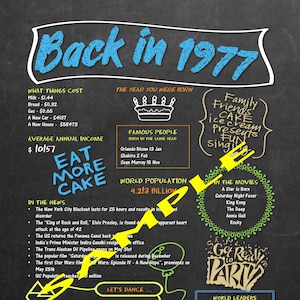 Celebrate &#39;Back in 1977&#39; Printable Chalkboard Poster Download - Vintage &#39;Day You Were Born&#39; News, Music, Movies etc - Birthday Decoration