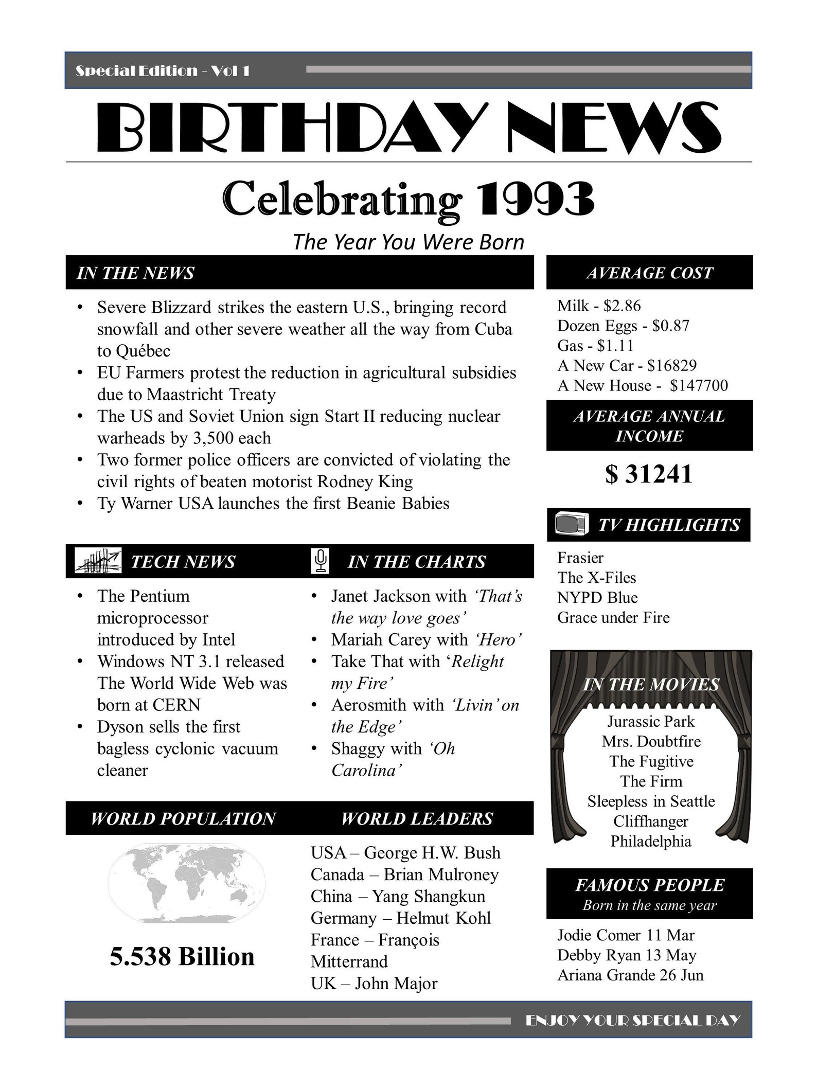 1993 Birthday News Poster The Year You Were Born PRINTABLE Etsy