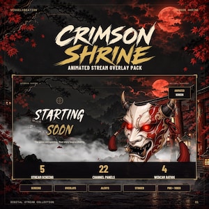Puede incluir: Un paquete de superposición de transmisión digital titulado Crimson Shrine que presenta una máscara Hannya blanca y roja con ojos rojos brillantes. El gráfico incluye el texto Starting Soon, 5 Stream Screens, 22 Channel Panels y 4 Webcam Ratios sobre un fondo de luna roja con hojas de arce rojas y arquitectura tradicional.