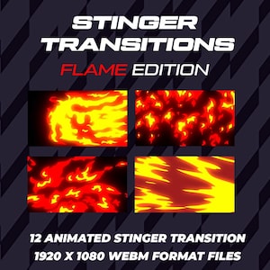 Puede incluir: Gráfico digital que promociona "Stinger Transitions Flame Edition" con cuatro efectos de fuego animados. El texto incluye "12 Animated Stinger Transition" y "1920 x 1080 WEBM Format Files" sobre un fondo oscuro con líneas diagonales.