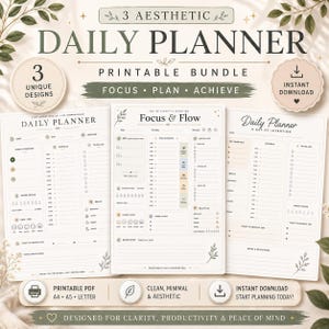 Peut inclure: Un ensemble de trois pages de planificateur quotidien imprimables avec des sections pour les priorités, les horaires, les listes de tâches et l'hydratation. Le texte inclut 3 AESTHETIC DAILY PLANNER PRINTABLE BUNDLE FOCUS PLAN ACHIEVE.