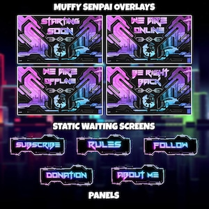 Stream Overlay + Twitch Panels / Cyberpunk layout / Customize / Cyber City / Purple Theme / Futuristic / Aesthetic / Glitch / cyberpunk2077