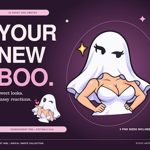 Könnte beinhalten: Eine digitale Sammlung von 20 Geistermädchen-Emotes mit einer Figur in weißem Laken und weißem Kleid. Der Text lautet: 20 GHOST GIRL EMOTES, YOUR NEW BOO., Sweet looks. Sassy reactions., TRANSPARENT PNG + EDITABLE SVG, 5 PNG SIZES INCLUDED.