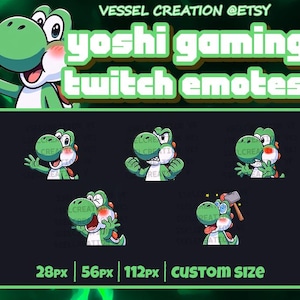 以下が含まれることがあります： 緑色のヨッシーゲームTwitch絵文字。画像には、手を振ったり、怒ったり、ハンマーを持ったりするなど、さまざまなポーズの緑色のヨッシーキャラクターが描かれています。「yoshi gaming twitch emotes」とサイズオプションのテキストが含まれています。