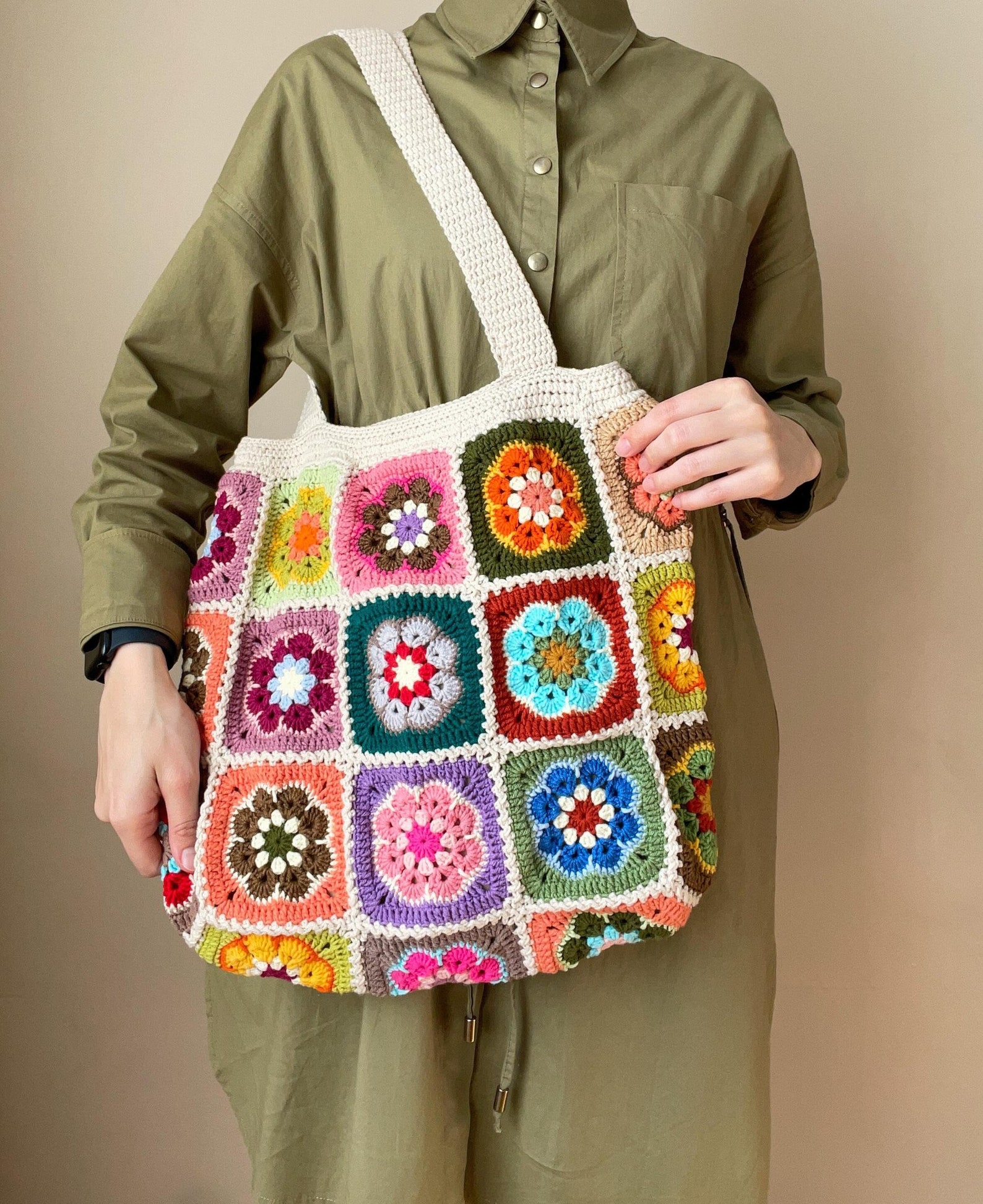 Crochet African Flower Hobo Bag, Beige Boho Tote Bag, Cotton Lined ...