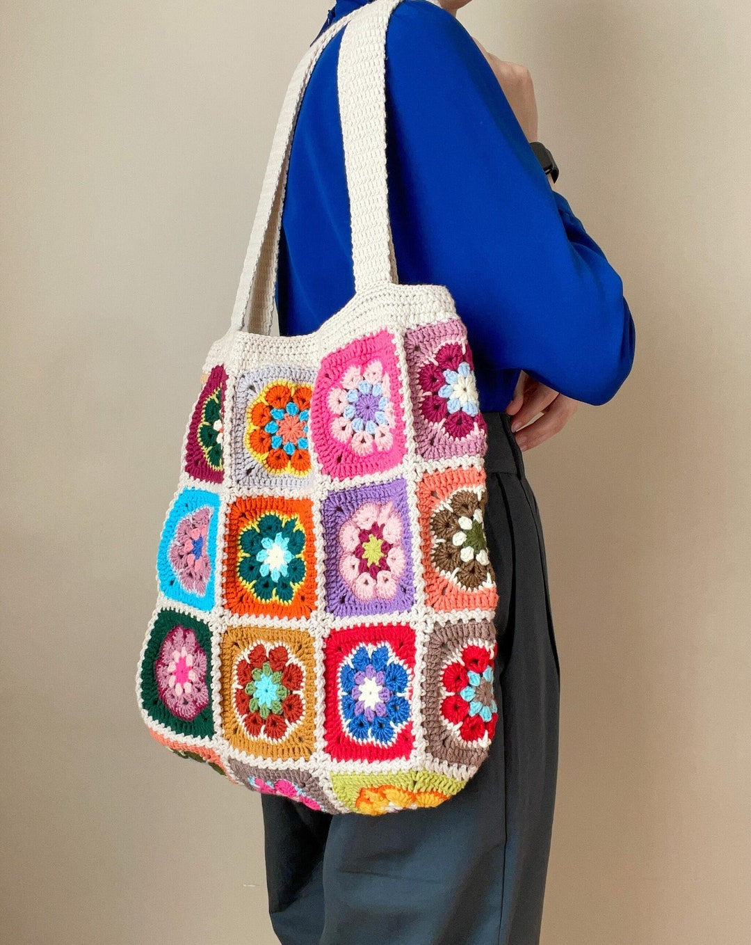 Crochet African Flower Hobo Bag, Beige Boho Tote Bag, Cotton Lined ...