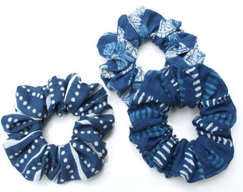 Blue Patterned Scrunchies * Large Indigo Scrunchies * Birthday Day Gift Box * Boho Hair Accessories * Hand Dyed & Printed Scrunchies *