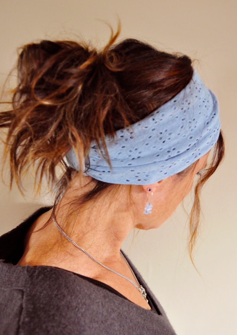 Embroidered Gentle Stretch Headbands - Wide Soft Stretchy Headbands * Stretchy Hairbands * Boho Hair Tie * Hippie Headband * Bohemian Hair * Powder Blue