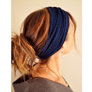 Embroidered Gentle Stretch Headbands - Wide Soft Stretchy Headbands * Stretchy Hairbands * Boho Hair Tie * Hippie Headband * Bohemian Hair * Navy Blue