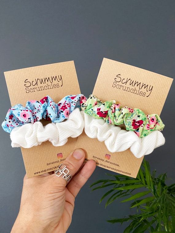 Floral Scrunchies Set: Summer Print, Ivory Ribbed, Handmade  display picture 3