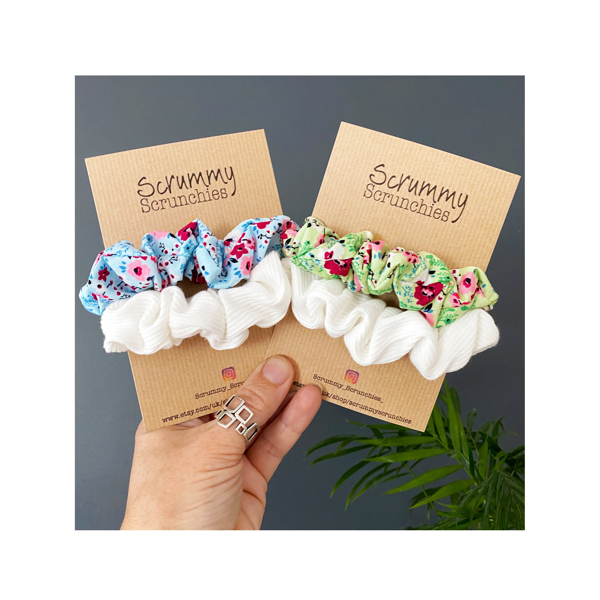 Floral Scrunchies Set: Summer Print, Ivory Ribbed, Handmade  display picture 1