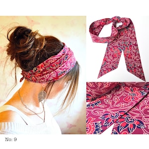May include: A burgundy fabric headband with a floral pattern in red, blue, and white. The headband is tied at the back. The image also shows a matching scarf with the same pattern and a close-up of the fabric. The text "No: 9" is in the bottom left corner.