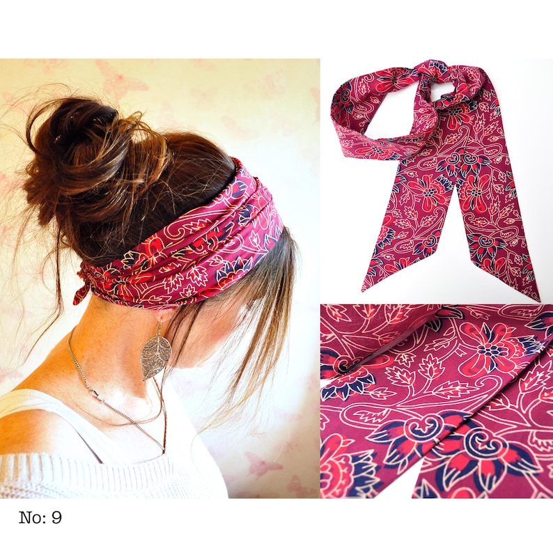 May include: A burgundy fabric headband with a floral pattern in red, blue, and white. The headband is tied at the back. The image also shows a matching scarf with the same pattern and a close-up of the fabric. The text "No: 9" is in the bottom left corner.