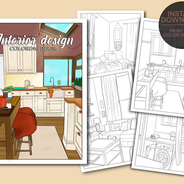 Interior Design Printable Coloring Book, Drawings to Color for Adults, 15 digital Coloring Pages, Activity Book Pages