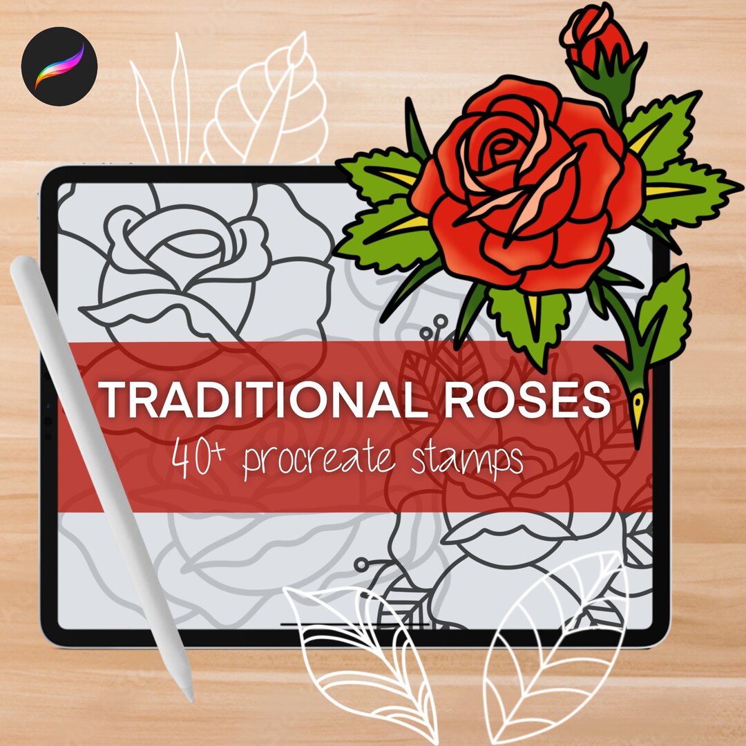 Traditional Roses and Leaves Procreate Stamps, 40 Procreate Brushes ...