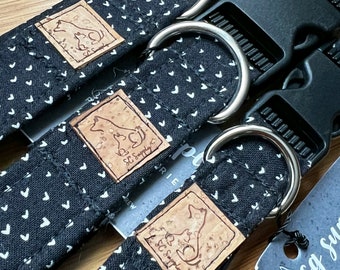 Black with Micro Mini White Hearts "Sweetest Devotion" Dear Stella Fabric Pet Collar Heart Head Sky Collection