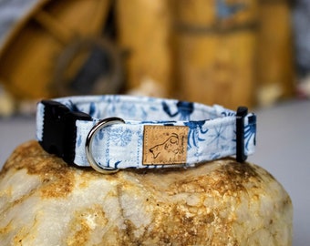 Light Blue and Navy Crab Nautical Theme "Oh Crab" Fabric Pet Collar