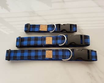 Blue & Black Buffalo Check Plaid Fabric Pet Collar