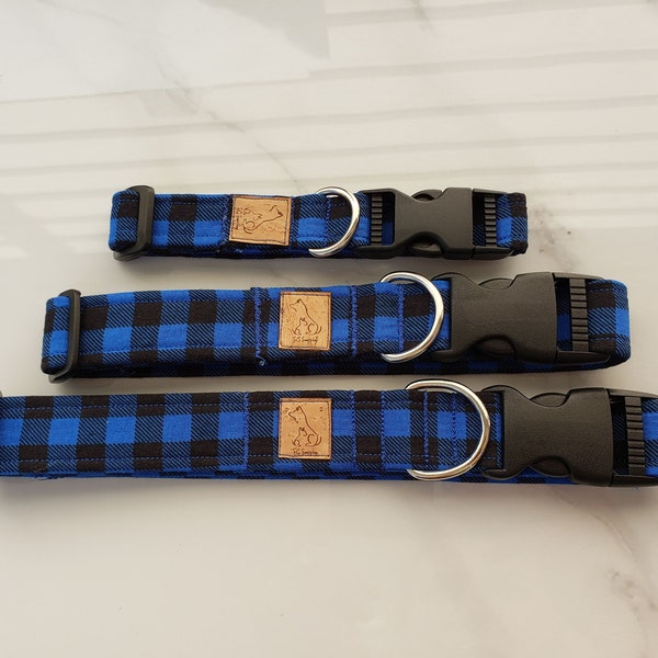 Blue & Black Buffalo Check Plaid Fabric Pet Collar