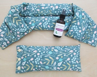 EXTRA LONG 30" Heating pad gift set + Relaxation gift + Neck wrap Eye pillow set + Get well gift set + Relaxation gift mom + Dark teal print