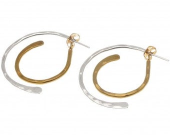 Silver Gold Hoop - Minimalist - Dangle Earrings - Hammered Drop Stud Earrings - Modern Earrings