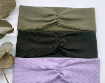 Rib jersey headband in olive, khaki or lilac