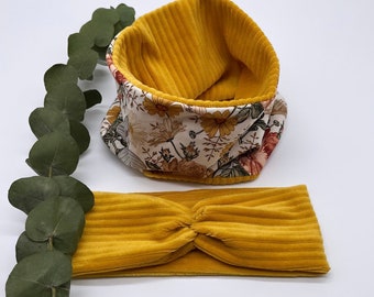 Corduroy ocher headband & snood set with floral pattern/ochre
