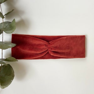 May include: A rust-coloured velvet headband. The headband is made of a soft, stretchy fabric and is designed to be worn around the head.
