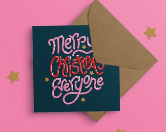 Merry Christmas Everyone Illustrated Xmas Card , Square Greeting card Recycled paper