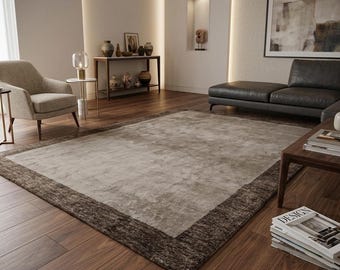 Handloom Bordered Rug – Modern Taupe Walnut Area Carpet
