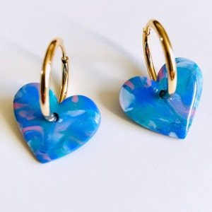 Polymer clay earrings Dangling earrings Heart earrings interchangeable earrings marbré bleu rose