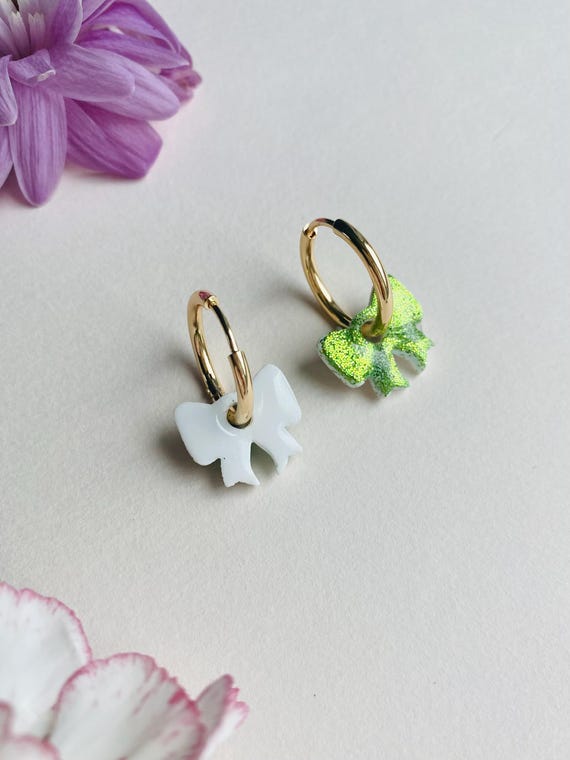 Polymer Clay and Glitter Resin Bow Earrings Interchangeable With
