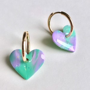 Polymer clay earrings Dangling earrings Heart earrings interchangeable earrings marbré lila vert