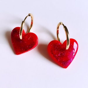 Polymer clay earrings Dangling earrings Heart earrings interchangeable earrings paillettes rouge