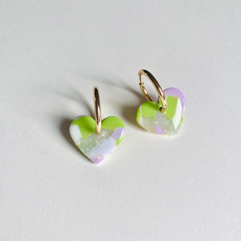 Polymer clay earrings Dangling earrings Heart earrings interchangeable earrings marbré citron lila