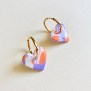 Polymer clay earrings Dangling earrings Heart earrings interchangeable earrings marbré lila pêche