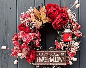 Hot Chocolate and Marshmallows 26 inch Red and Tan Deco Wreath, 139 - Shopafoodieaffair