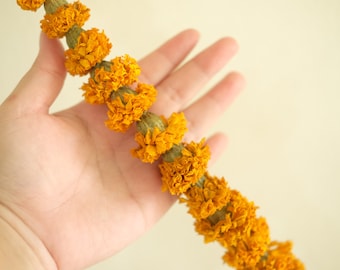 May include: A garland of dried marigold flowers, strung together with a natural twine, held in a hand.