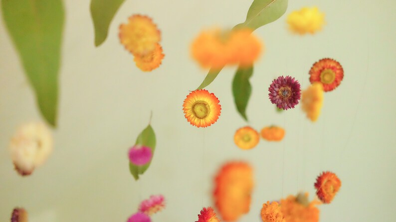Peut inclure: Un mobile compos&eacute; de fleurs et de feuilles s&eacute;ch&eacute;es. Les fleurs sont dans des tons d'orange, jaune, rose et violet. Les feuilles sont vertes. Le mobile est suspendu &agrave; un plafond.