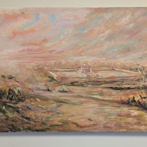May include: An oil painting depicts a landscape with a structure in the center. The sky is a blend of pink, peach, and blue hues, suggesting a sunrise or sunset. The foreground features textured brushstrokes of greens and browns.