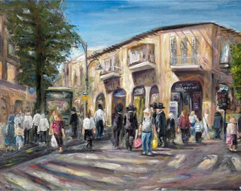 Kikar Shabbat Jerusalem Street Painting Print, Geula Canvas Wall Art, Jewish Art, Judaica Gift, Israel Art by Pessy Samson