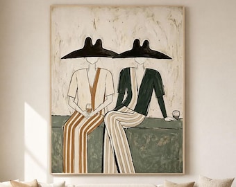 Original Hand Painted Couple Oil Painting, Minimalist Figurative Art, Fashion Wall Decor, Modern Boho Art, Neutral Living Room Art
