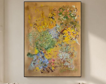 Abstract Floral Oil Painting, Wildflower Bouquet Wall Art, Ochre Botanical Art, Impressionist Flower Painting, Colorful Vintage Home Decor
