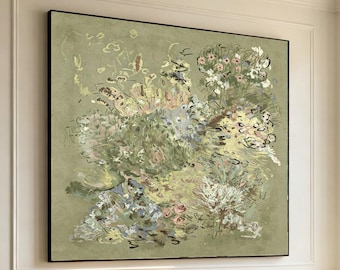 Sage Green Floral Oil Painting, Abstract Wildflower Bouquet Art, Vintage Wall Decor, Impressionist Flower Art,Neutral Living Room Art