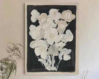 Original Black and White Floral Painting Black and White Flower Oil Painting On Canvas White Textured Flower Art Living Room Bedroom Decor