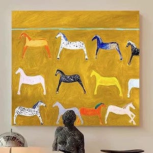 Yellow Horse Abstract Painting Wabi Sabi Wall Art Minimalist Wall Art for Living Room Neutral Textured Canvas Art Framed Animal Painting